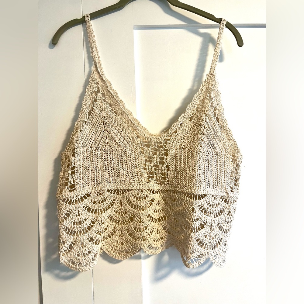 Anthropologie Blue Tassel Crochet Lace Crop Top